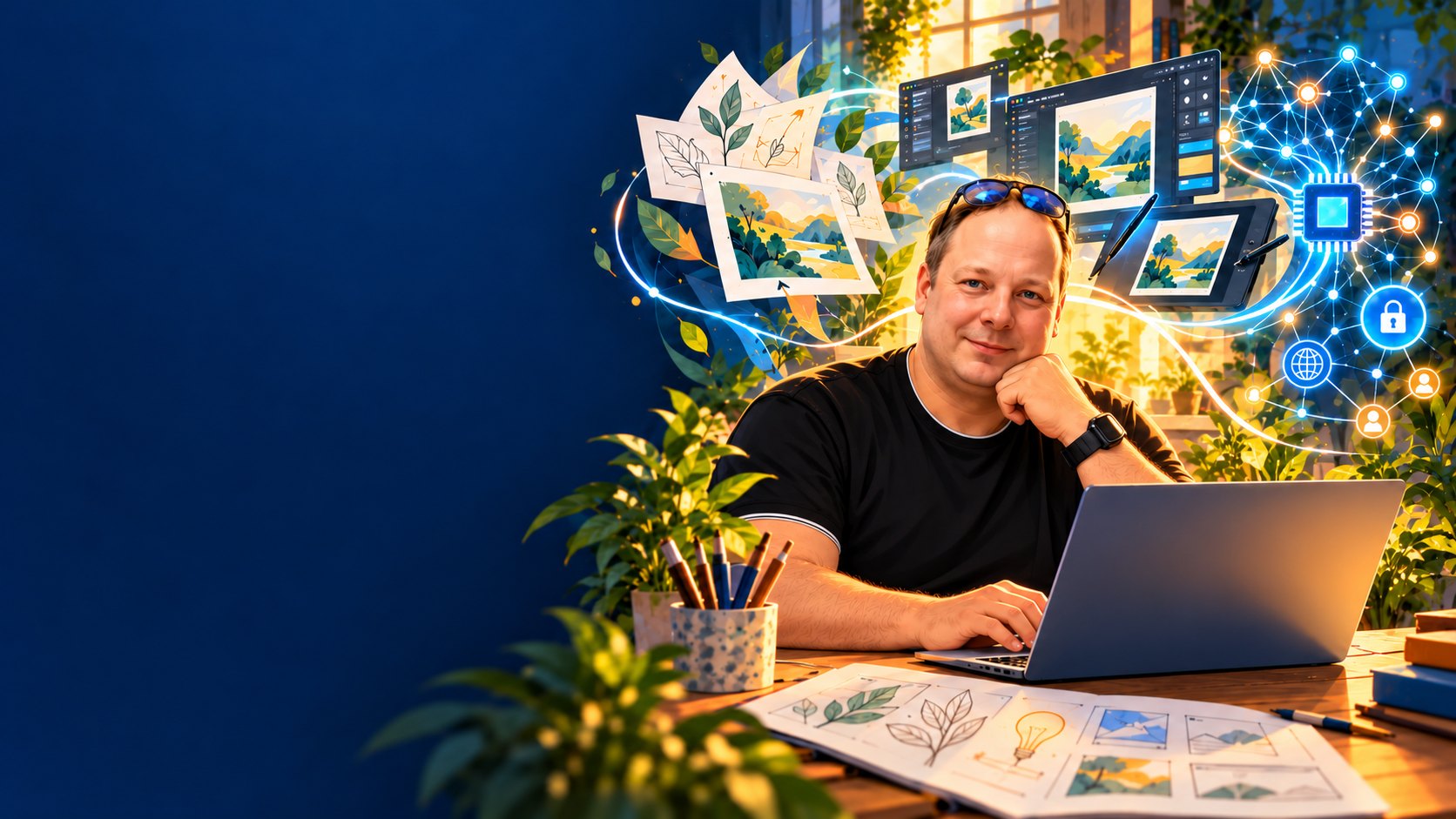 Kamil Kopecký u notebooku, kolem něj obrazy, rostliny a síť symbolů online bezpečnosti a umělé inteligence